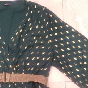 Shein Plus Allover Print Surplice Neck Belted Formal Dress